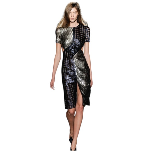 Marco De Vincenzo *CUSTOM DESIGNER* RUNWAY Red Blue Metallic Midi Cocktail Dress - Picture 2 of 16